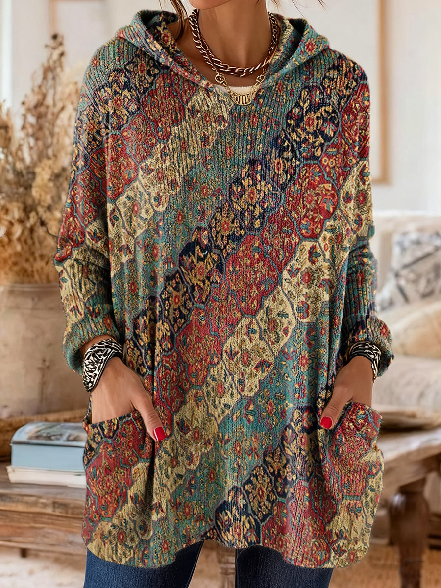 Women's Retro Ethnic Art Print Casual Long-Sleeved Hooded Cotton Knit Sweater