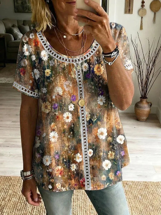 Women's Floral Art Print Round Neck Short Sleeve Hollow-Out Shirt