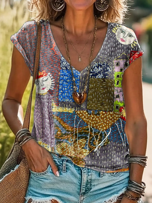 Patchwork Art Print 100% Cotton V-Neck T-Shirt