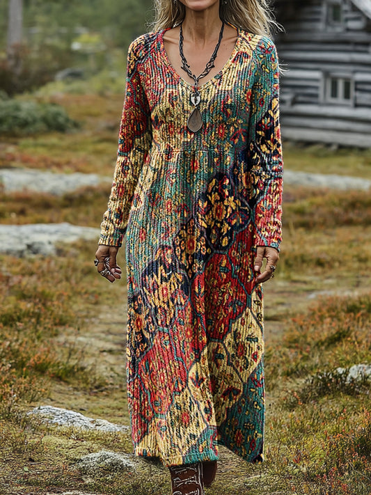 Women's Retro Ethnic Art Print Casual Long-Sleeve V-Neck Cotton Knit Dress