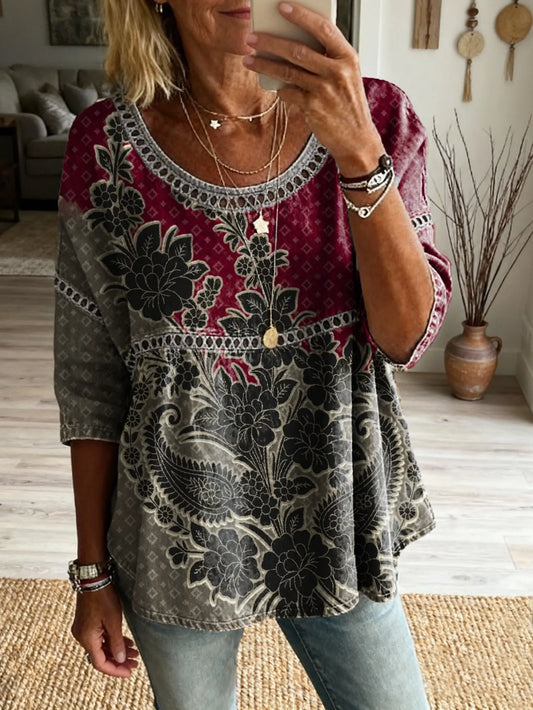 Women's Floral Pattern Art Print Casual Round Neck Lace-up Top