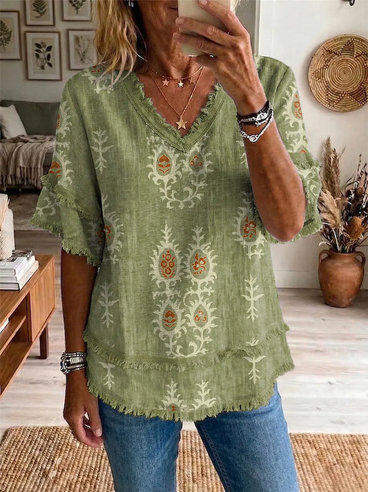 Ethnicity Totem Pattern Women's Art Casual Patchwork V Collar Shirt