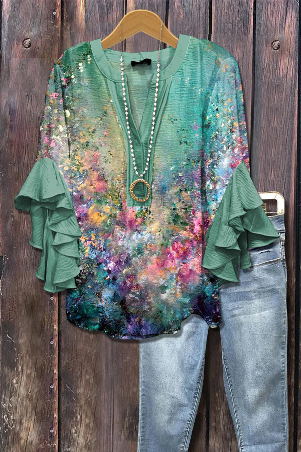 Elegant Floral Print Ruffle Sleeve Top