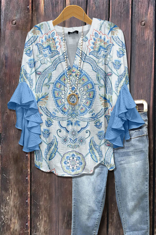 Retro Ethnic Floral Print Ruffle Sleeve Top