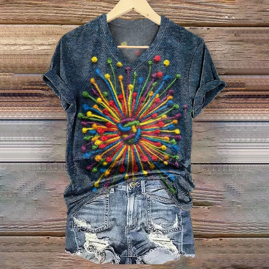Women's Fireworks Art Print V-Neck Casual T-Shirt