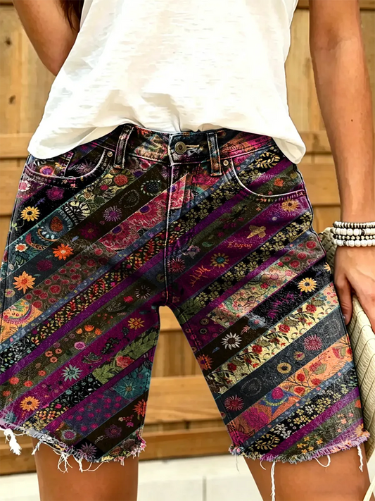 Women's Vintage Floral Print Denim Shorts