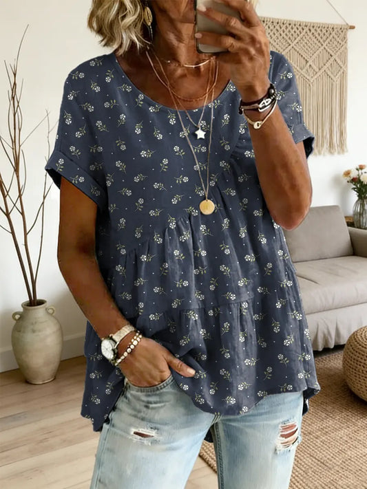 Ethnicity Bohemian Flowers Women's Art Print Round Neck Loose Short-sleeved Shirt – Side Tether