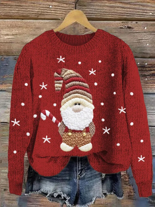 Women's Christmas Cute Gnome Print Crew Neck Casual Knit Pullover