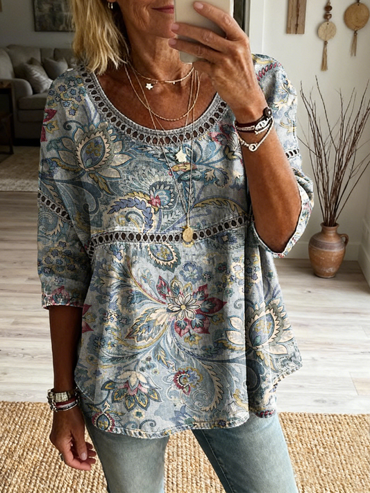 Women's Retro Bohemian Art Print Casual Round Neck Shirt