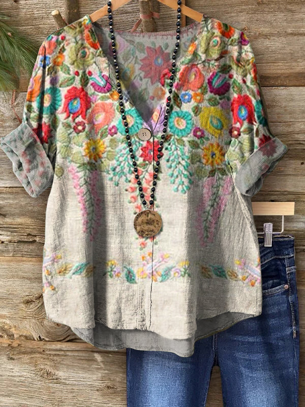 Women's Bohemian Floral Art Print Casual Cotton Linen Shirt