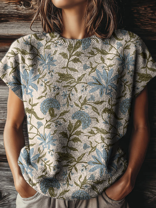 Women's Vintage Floral Art Print Casual Crew Neck Short Sleeve Knitted Sweater