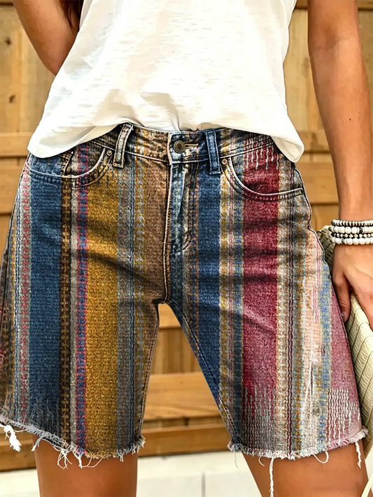 Women's Colorful Vertical Stripe Art Print Denim Shorts