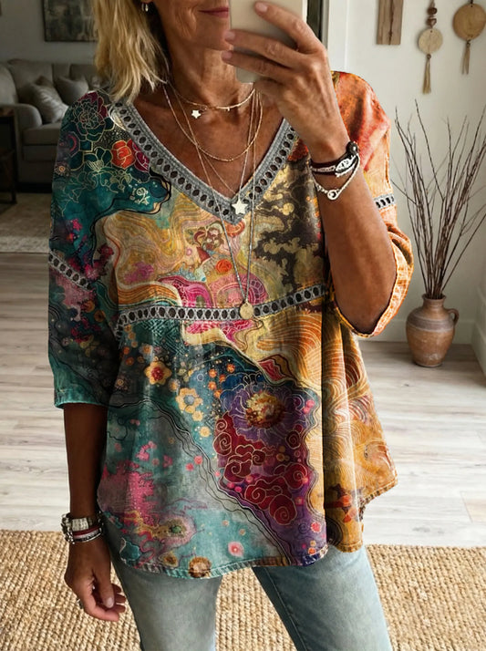 Women's Floral Art Print Casual V-neck Tie-front Top