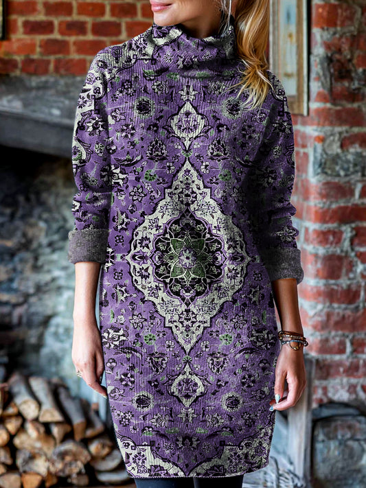 Women's Vintage Ethnic Purple Totem Art Print Cover-up High-neck Knit Dress