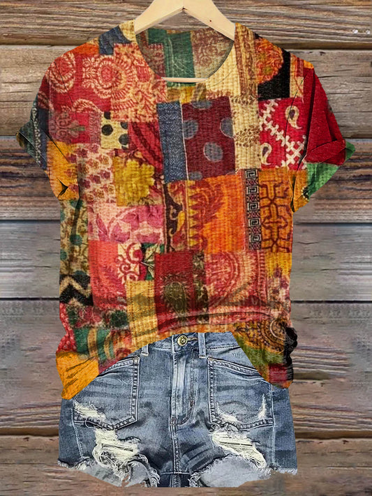 Vintage Floral Patchwork Art Print Casaul Short Sleeve T-shirt