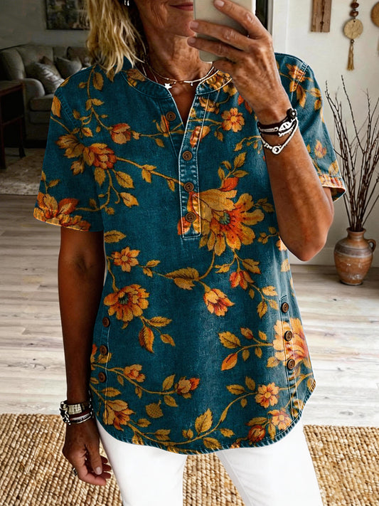 Women's Retro Floral Art Print Casual Short-sleeve Shirt