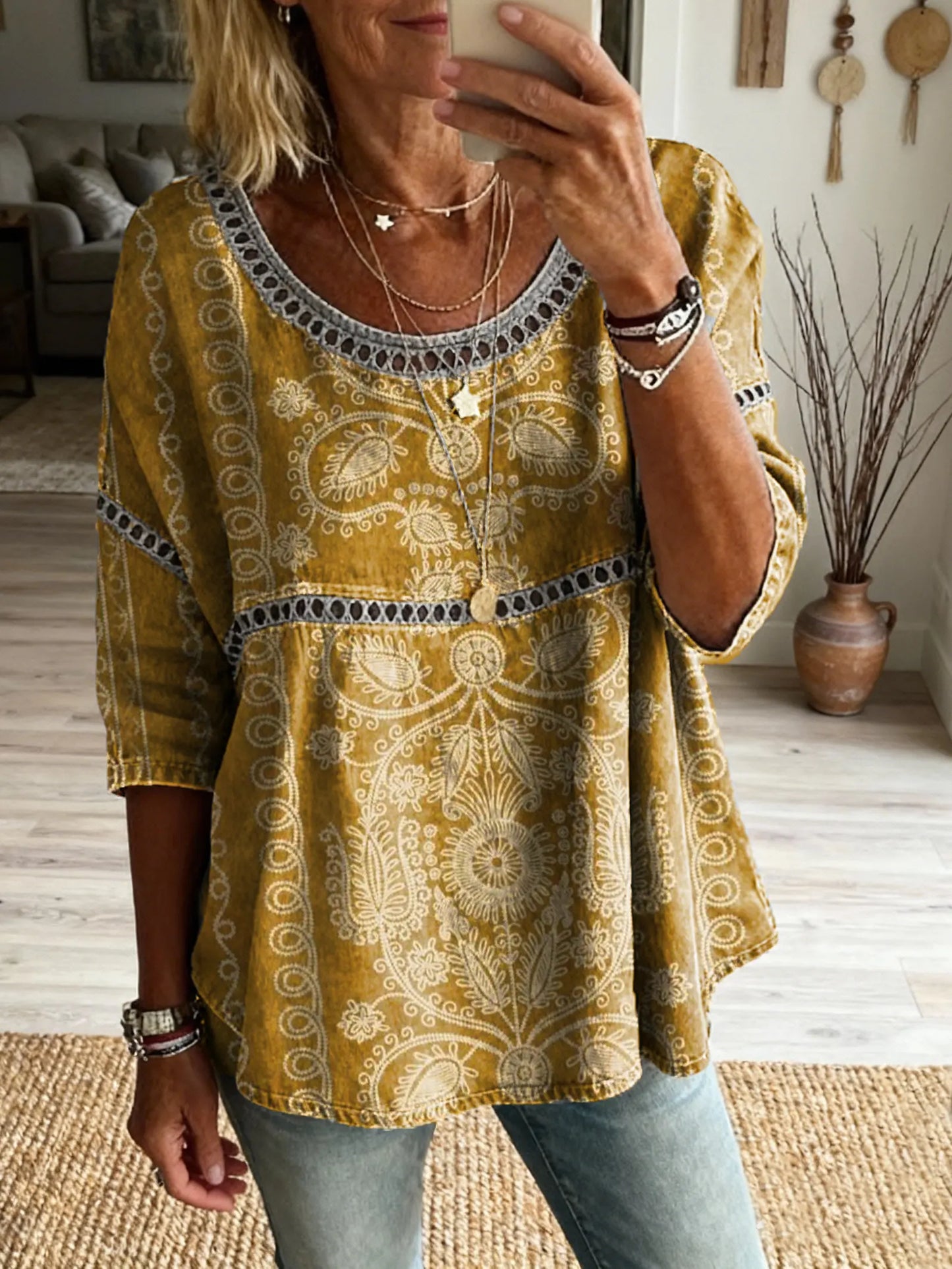 Ethnicity Texture Totem Flowers Women's Vintage Art Print Casual Round Neck Cutout Top