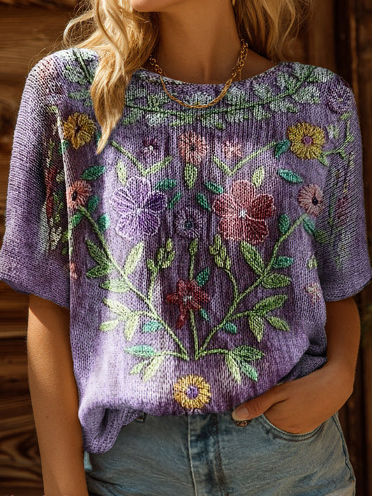 Women's Vintage Ethnic Floral Art Print Casual Crew Neck Short Sleeve Knitted Sweater