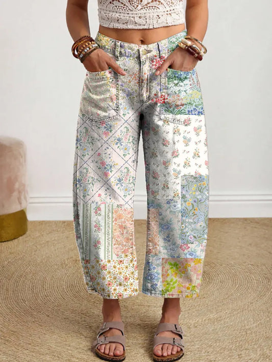 Women's Floral Vintage Patchwork Art Print Casual Comfortable Jeans