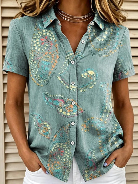 Women's Paisley Print Collared Short Sleeve Button-Down Blouse