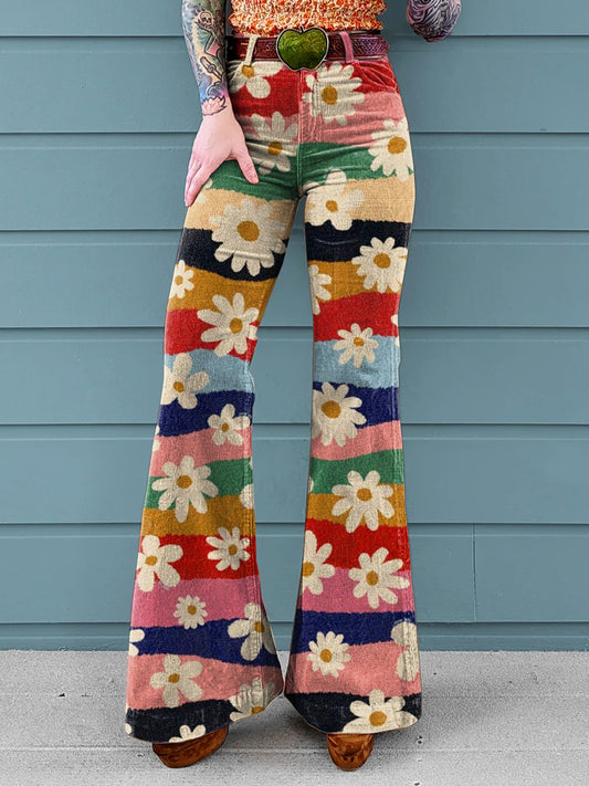 Women's Vintage Daisy Peace Pattern Print Casual Wide Leg Pants