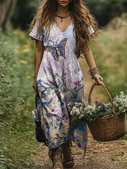 Women's Vintage Butterfly Art Print Pocket Cotton Dress