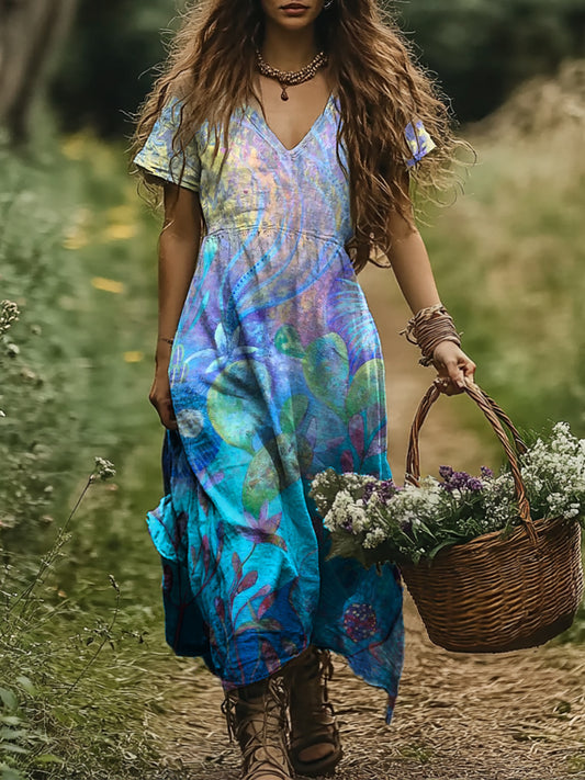 Women's Floral Pattern Art Print Pocket Cotton Dress