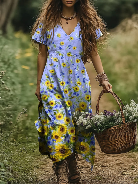 Women's Sunfloral Art Print Pocket Cotton Dress
