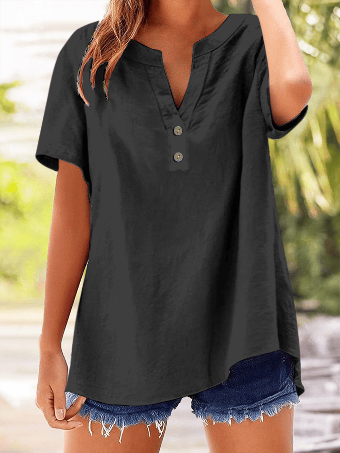 Women's Solid Color Button Design V-Neck Short Sleeve Shirt