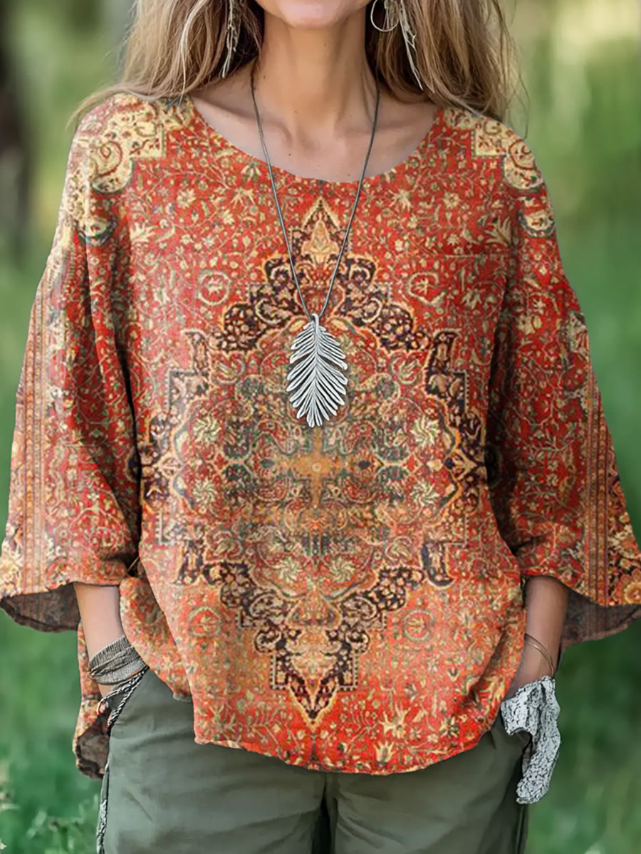 Women's Ethnic Art Pattern Print Casual Cotton And Linen Shirt