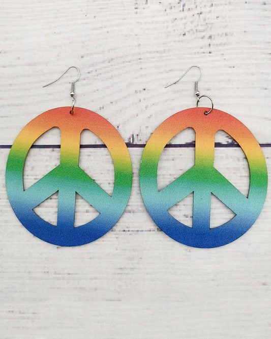 Reversible Tie-Dye Colorful Wood Cutout Round Peace Sign Earrings