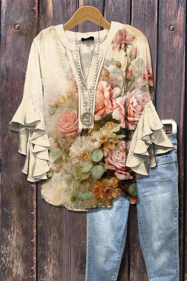Elegant Floral Print Ruffle Sleeve Top
