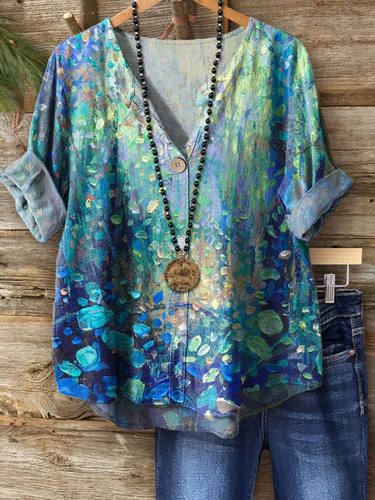 Women's Oil Painting Floral Art Print Casual Cotton Linen Shirt