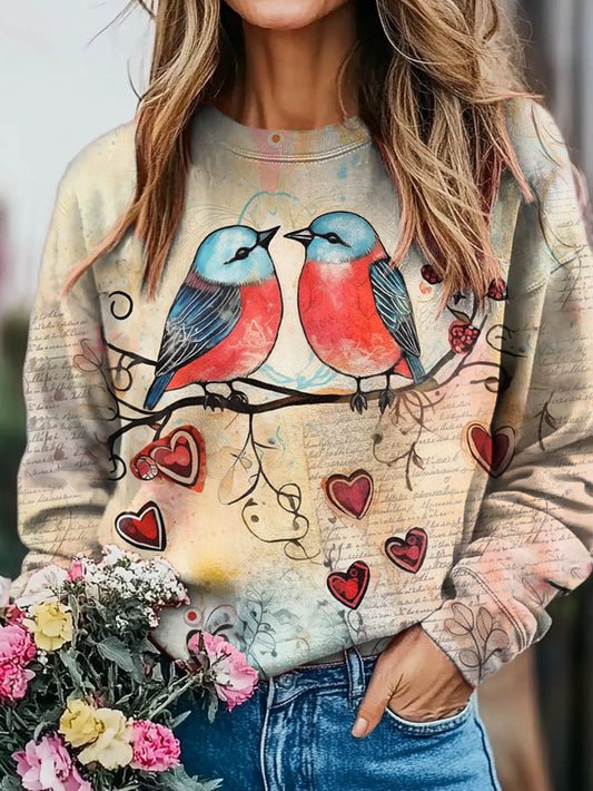 Valentine's Day Vintage Lovebird Print Casual Crew Neck Sweatshirt