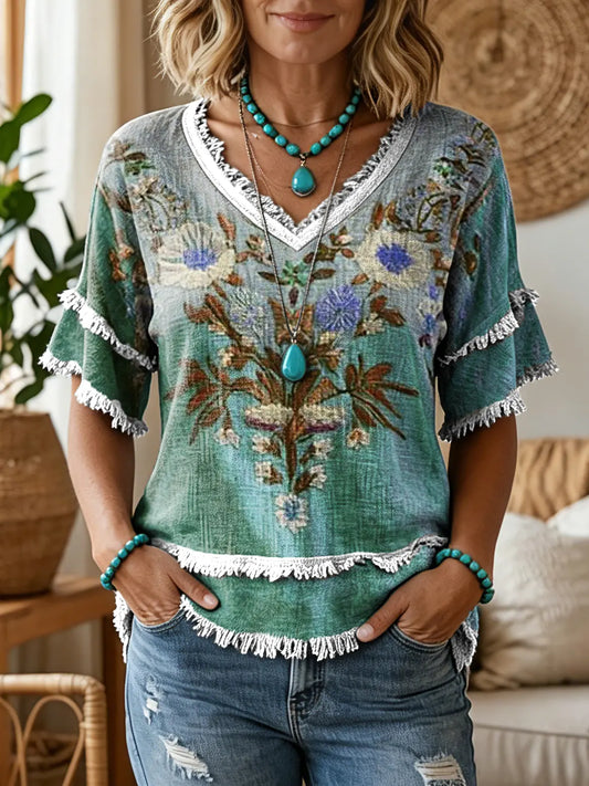 Women's Vintage Green Textured Floral Art Print V-Neck Tasseled Cotton Top