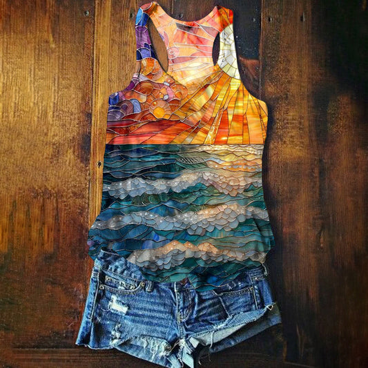 Women's Sunset Seaside Pattern Art Print Tank Top