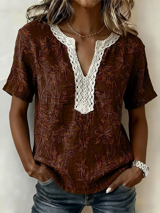 Women's Floral Print Short-Sleeve Lace-Trimmed V-Neck Shirt