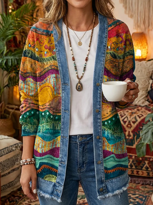 Women's Retro Ethnic Art Print Casual Cotton Denim Patchwork Jacket