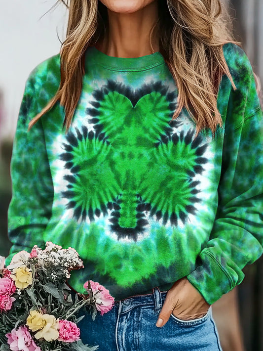 St. Patrick's Day Tie-Dye Shamrocks Print Casual Crew Neck Sweatshirt