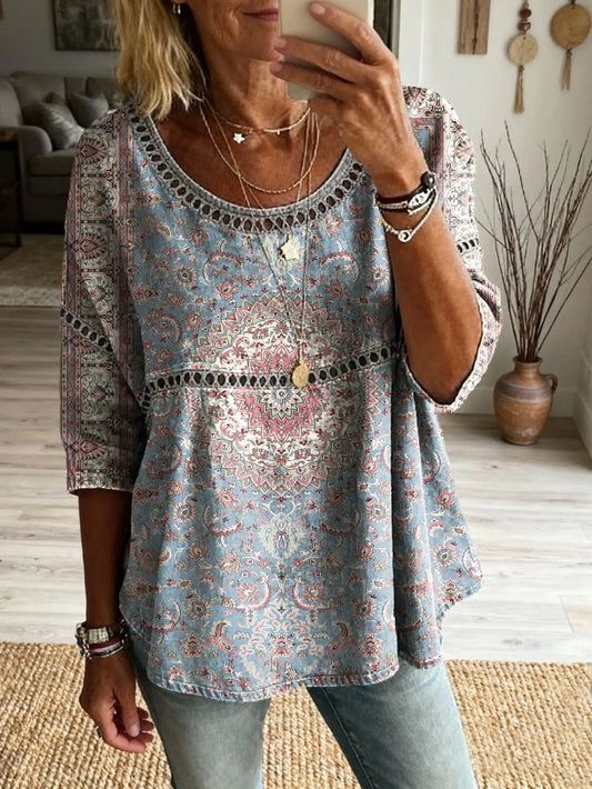 Women's Ethnic Pattern Art Print Casual Round Neck Lace-up Top