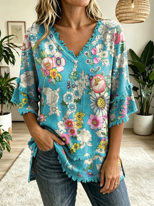 Women's Folk Floral Art Print V-neck Tasseled Cotton Top