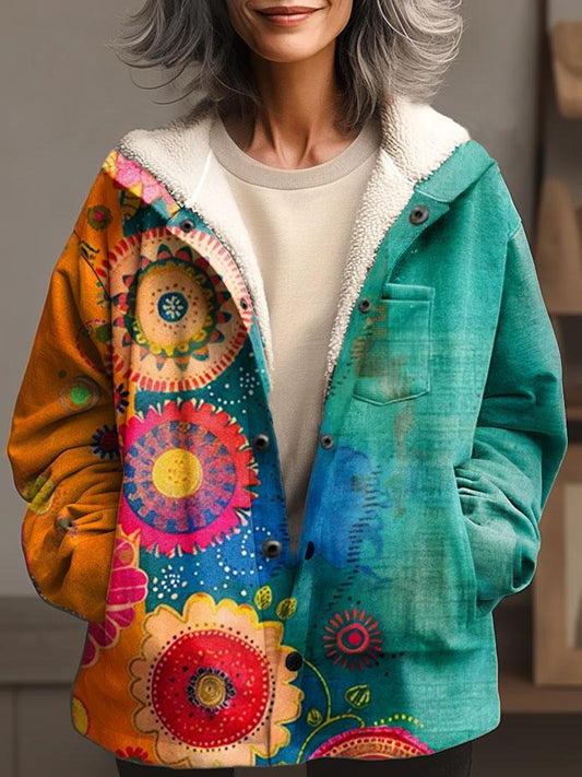 Vintage Love And Peace Flower Art Print Waffle Plush Thick Long-Sleeved Hooded Coat