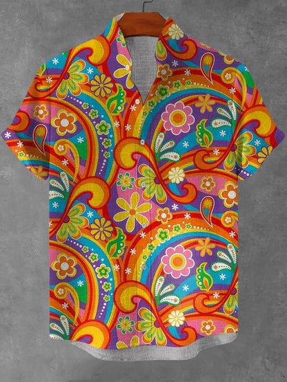 Colorful Hippie Art Print Linen Blend Shirt