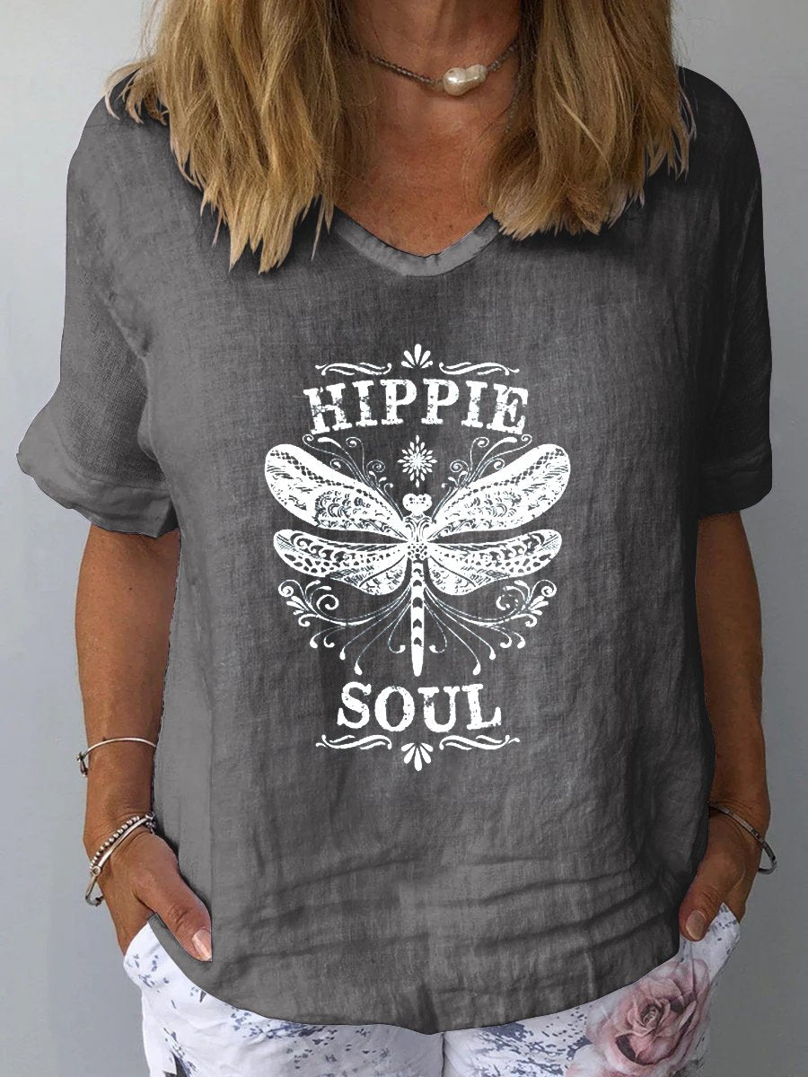 Hippie Soul Retro Dragonfly Art Print  Casual Cotton And Linen Shirt