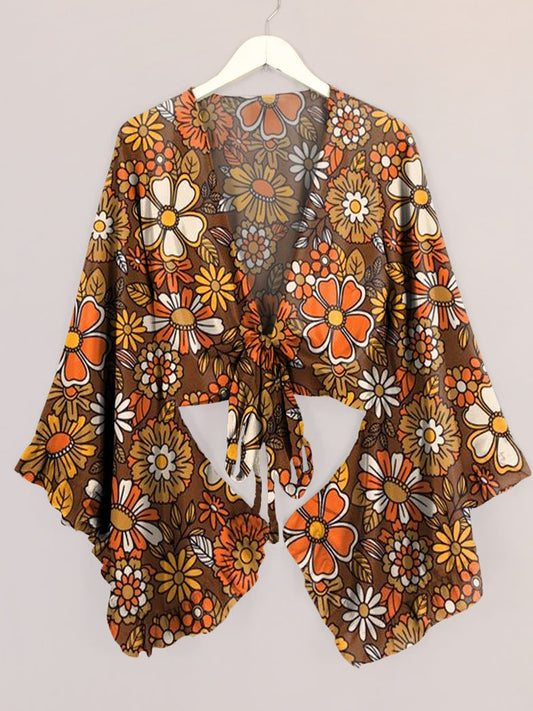 Women's Floral Power Print Bell Sleeve Wrap Top