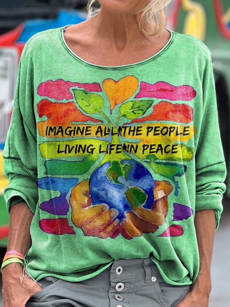 Women's Imagine All The People Living Life In Peace Pattern Long Sleeve T-shirt