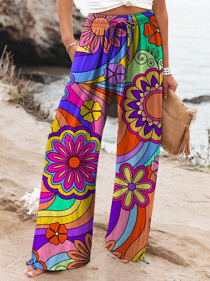 Women's Retro Hippie Floral Art Printed Cotton And Linen Casual Pants