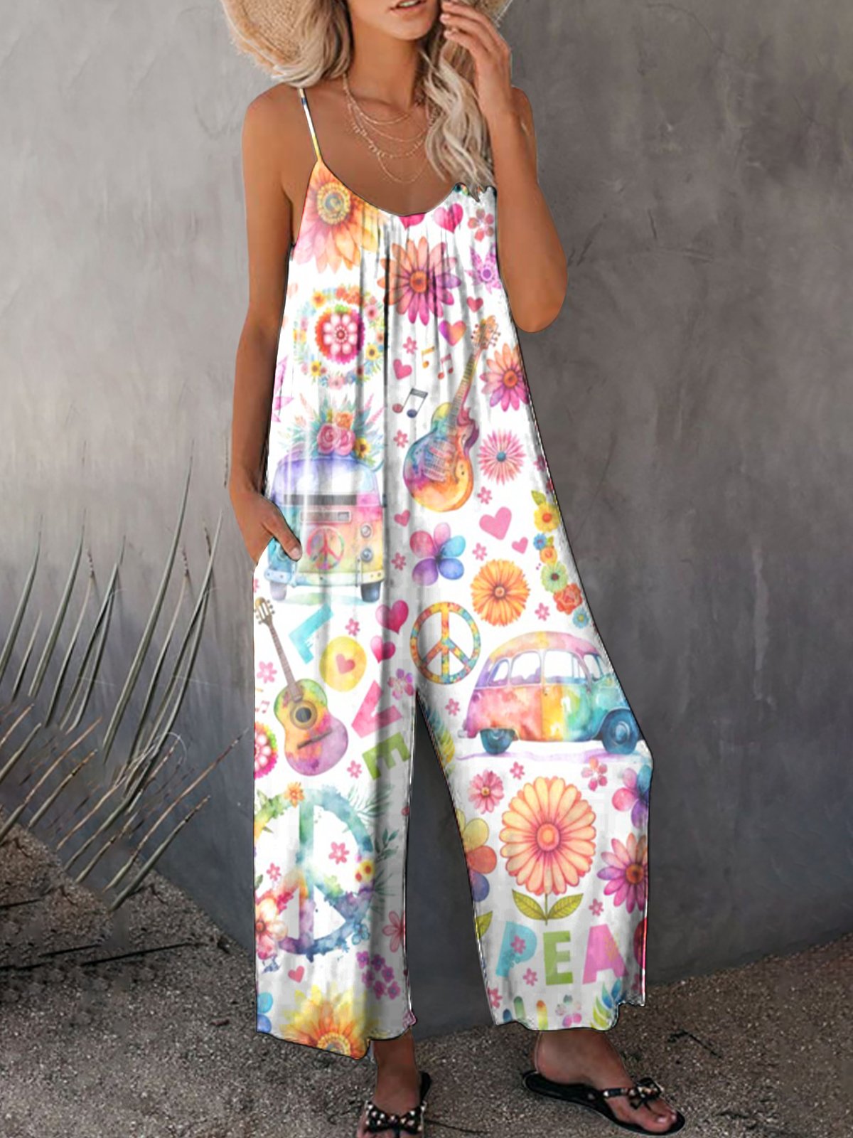 Women's Hippie Print Casual Strap Wide Leg Pants