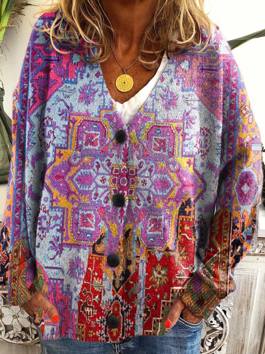 Retro Totem Print Buttoned V-neck Cardigan Sweater