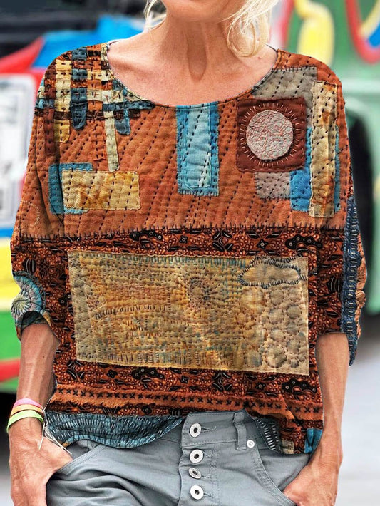 Women's Vintage Patchwork Art Print Casual Long Sleeve T-shirt